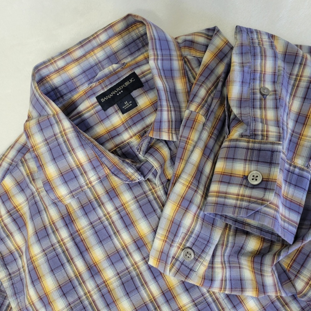 Banana Republic Mens Medium Purplr & Tan Button Down Long Sleeve Plaid Check